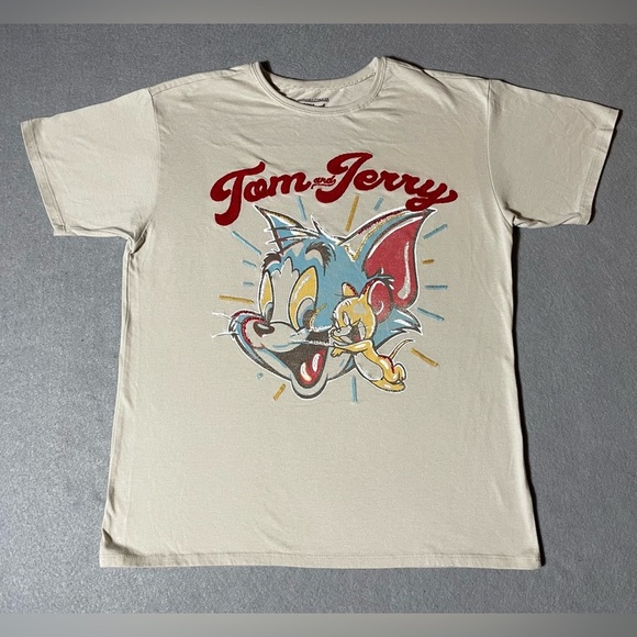 Tom and Jerry Men's Beige Embroidered Stitched Graphic T-shirt Size Medium - Picture 1 of 4